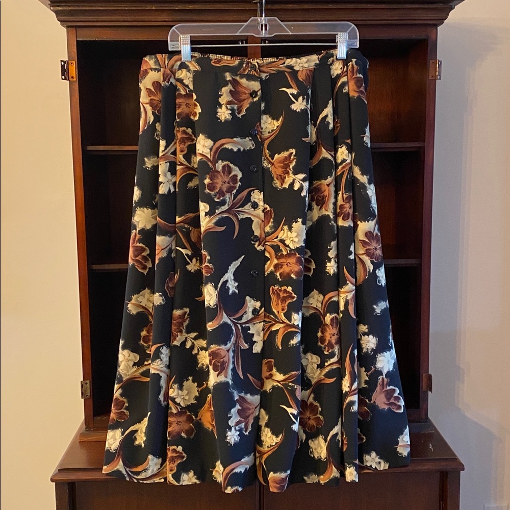 Vintage 90s Plus Size Black Brown Floral Midi A-Line Skirt Size 20W